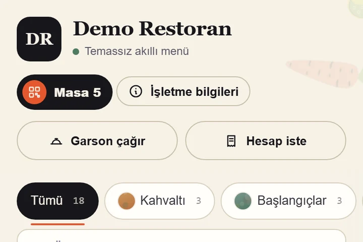 Masa karekodunu okutan misafirin telefonunda açılan menü