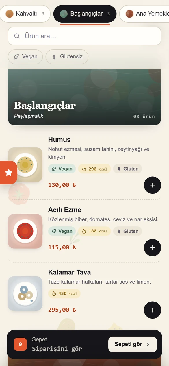 Misafir menüsünde ürün listesi