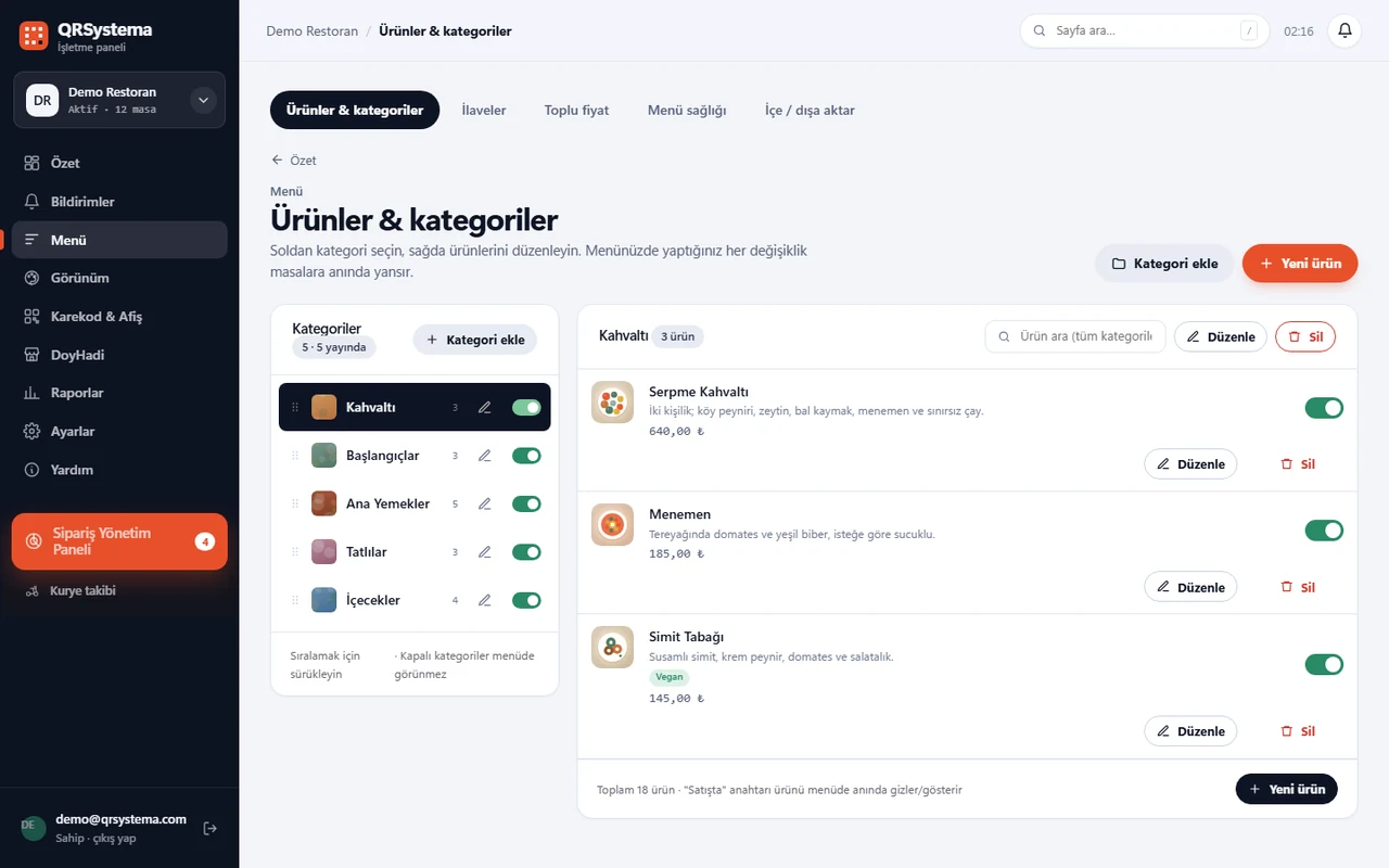 İşletme panelinde ürünler ve kategoriler ekranı